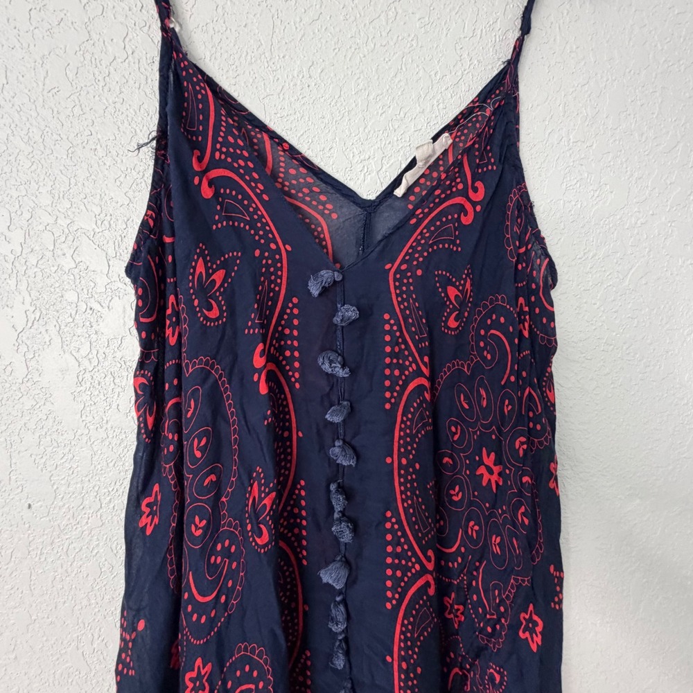 Lovestitch Navy pink Paisley Tassel Handkerchief Hem Midi Boho Dress L/XL